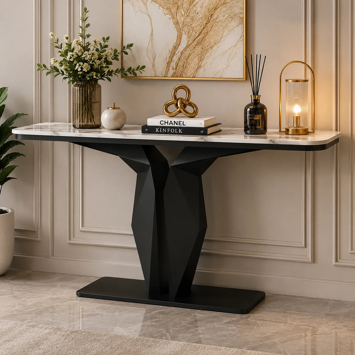 Geometric Black Console with Premium Marble Top