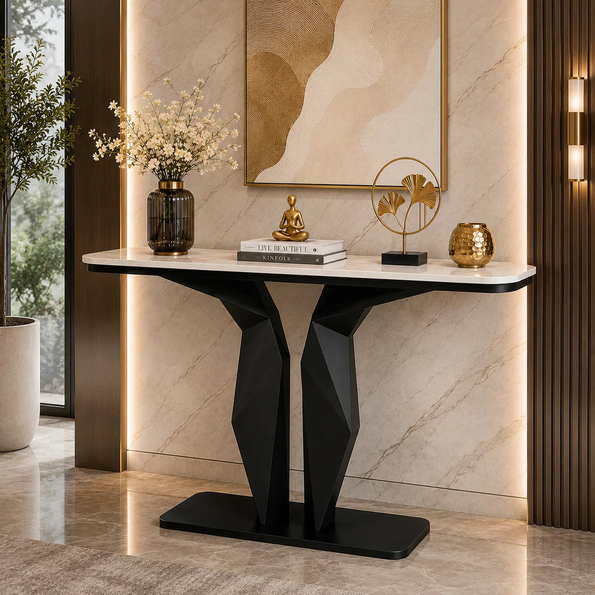 Geometric Black Console with Premium Marble Top