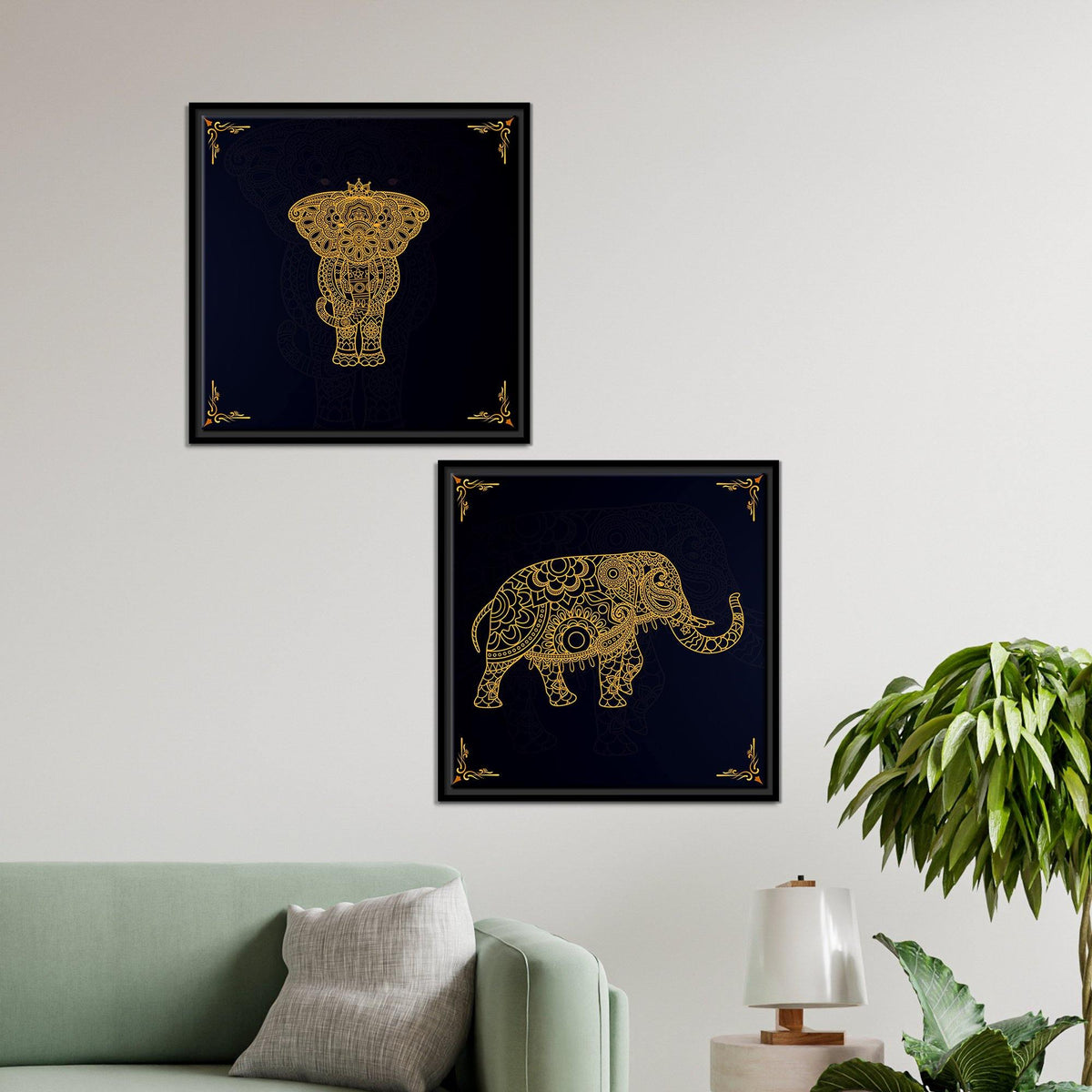 Madhubani Art Elephant Canvas Wall Painting of Two Pieces Floating Frame
