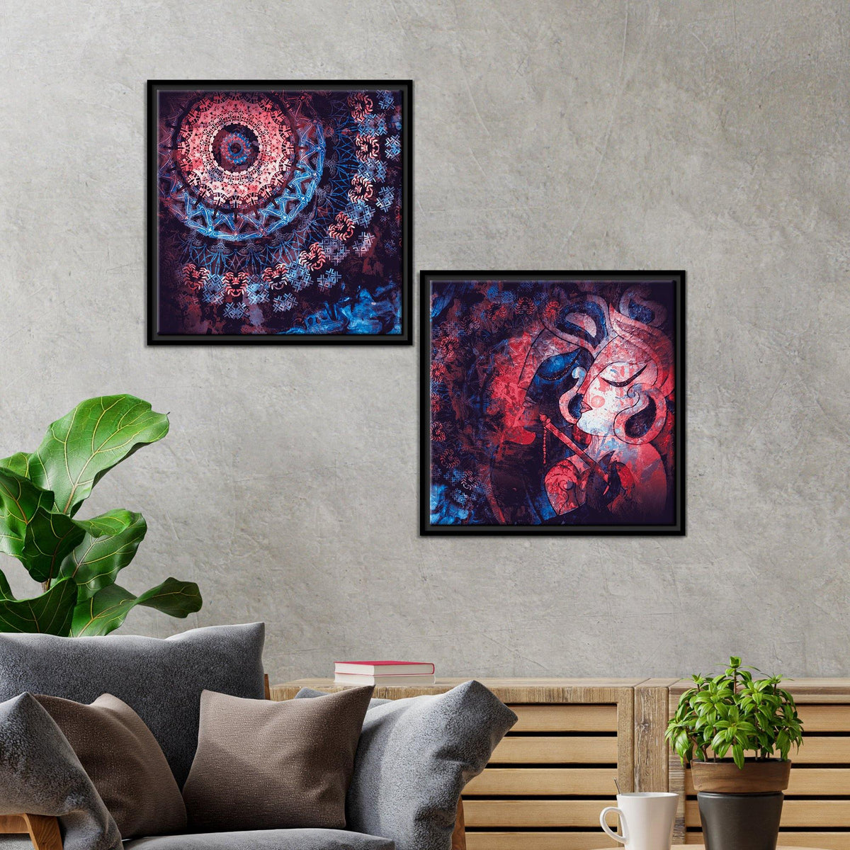 Mandala Eye & Radha Krishna Wall Painting of 2 Pieces Floating Frame