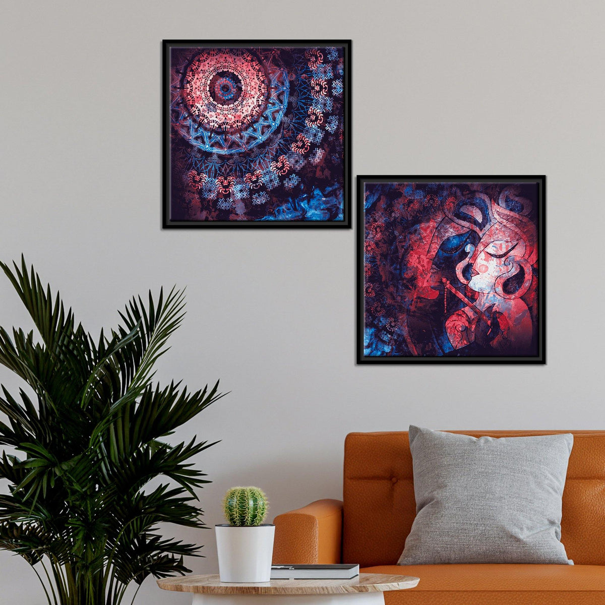 Mandala Eye & Radha Krishna Wall Painting of 2 Pieces Floating Frame