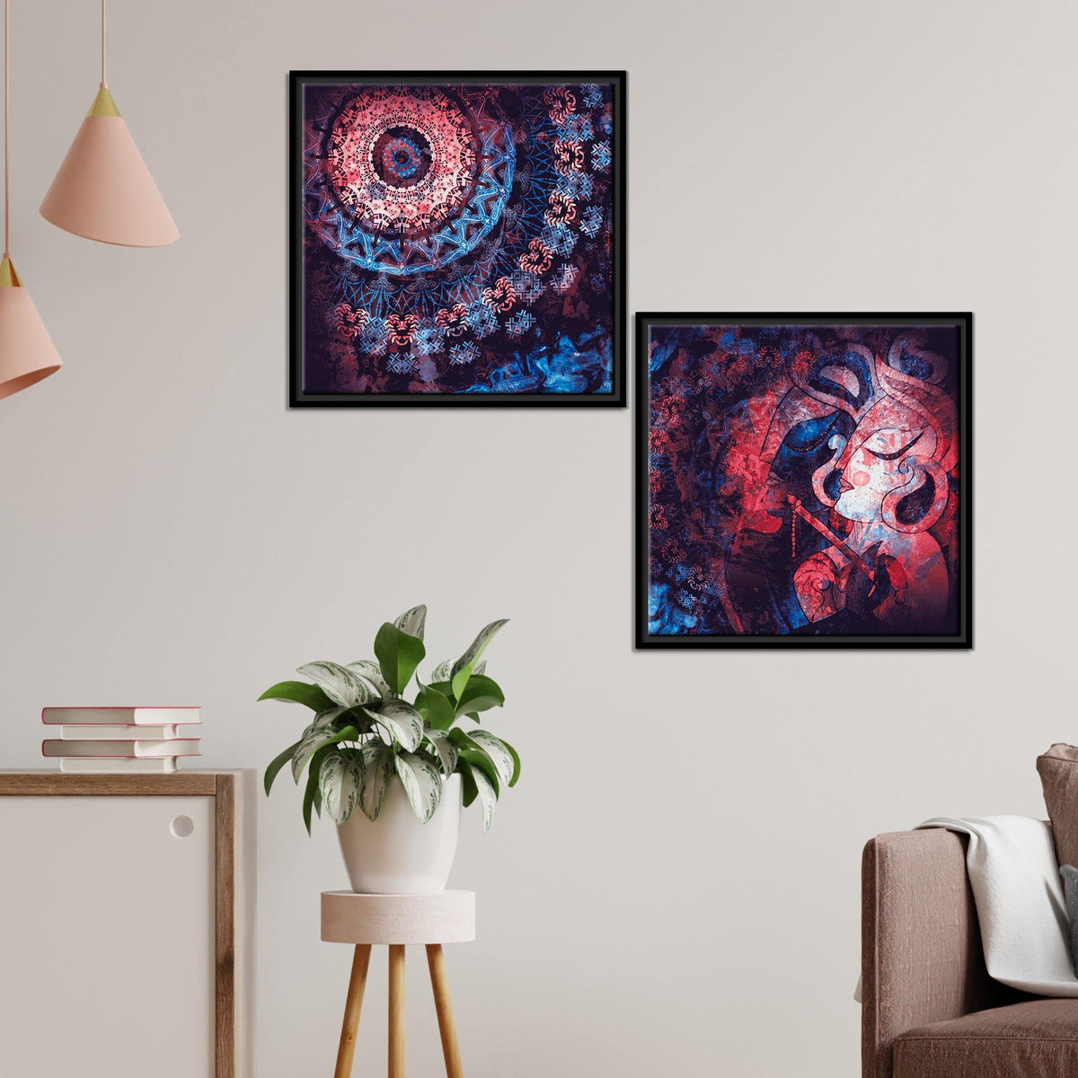 Mandala Eye & Radha Krishna Wall Painting of 2 Pieces Floating Frame