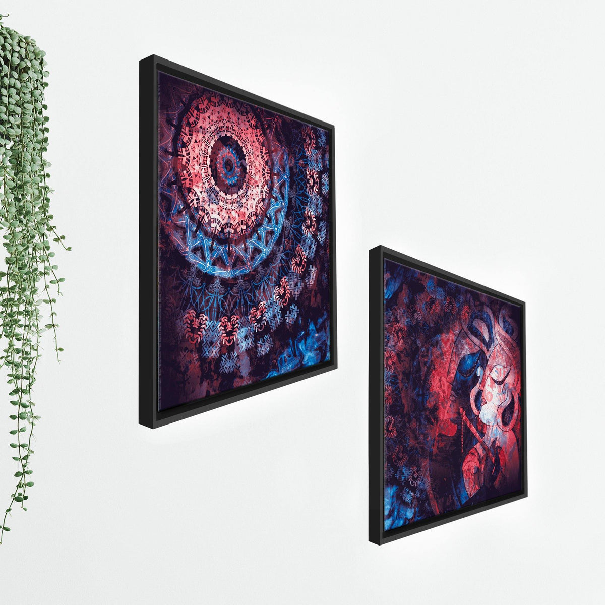 Mandala Eye & Radha Krishna Wall Painting of 2 Pieces Floating Frame
