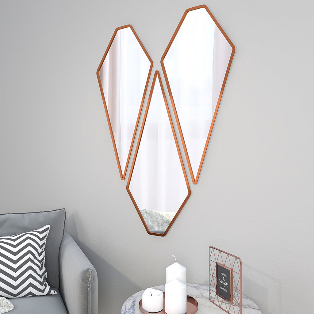 Modern Diamond Shape Vanity Mirrors Set of 3 with Copper Finish Frame
