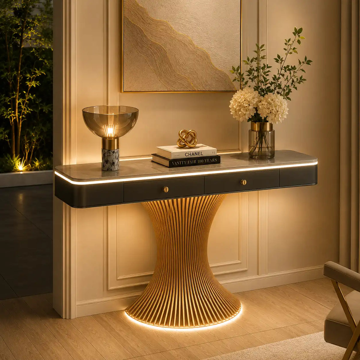 Modern Marble Console Table with LED Lighting | Luxury Gold Base Entryway Decor (SS 302)