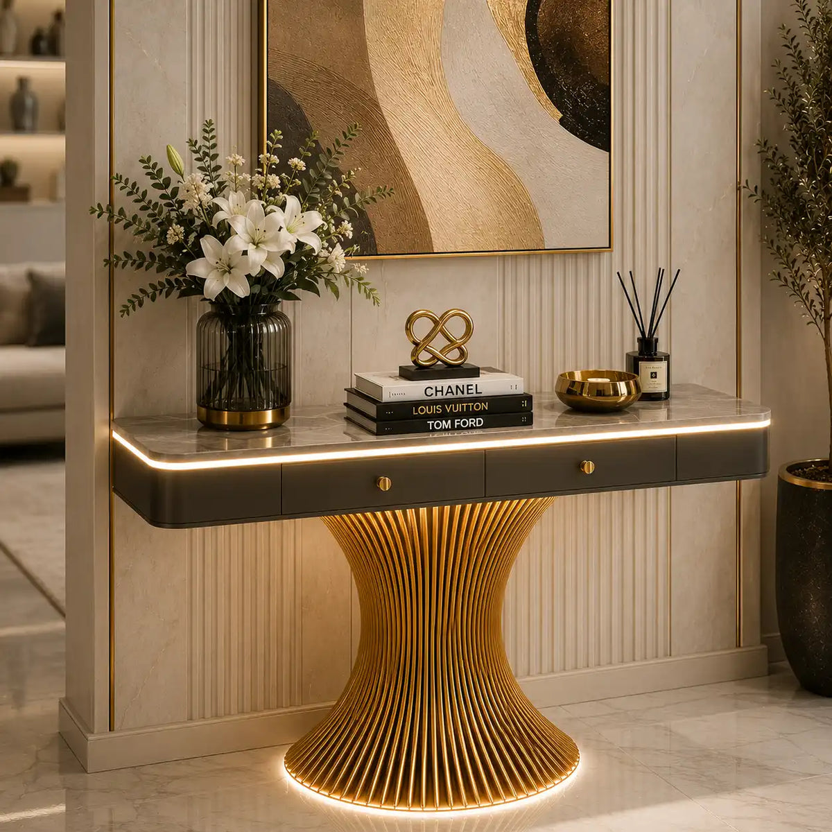 Modern Marble Console Table with LED Lighting | Luxury Gold Base Entryway Decor (SS 302)