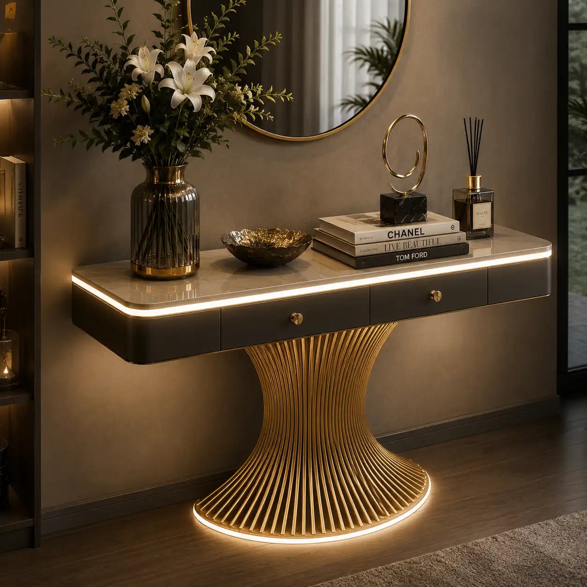 Modern Marble Console Table with LED Lighting | Luxury Gold Base Entryway Decor (SS 302)
