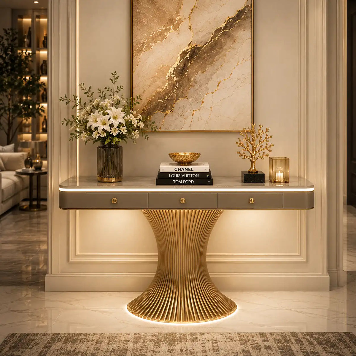 Modern Marble Console Table with LED Lighting | Luxury Gold Base Entryway Decor (SS 302)