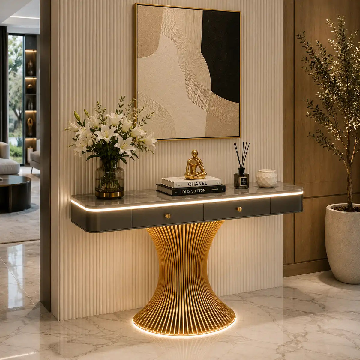 Modern Marble Console Table with LED Lighting | Luxury Gold Base Entryway Decor (SS 302)