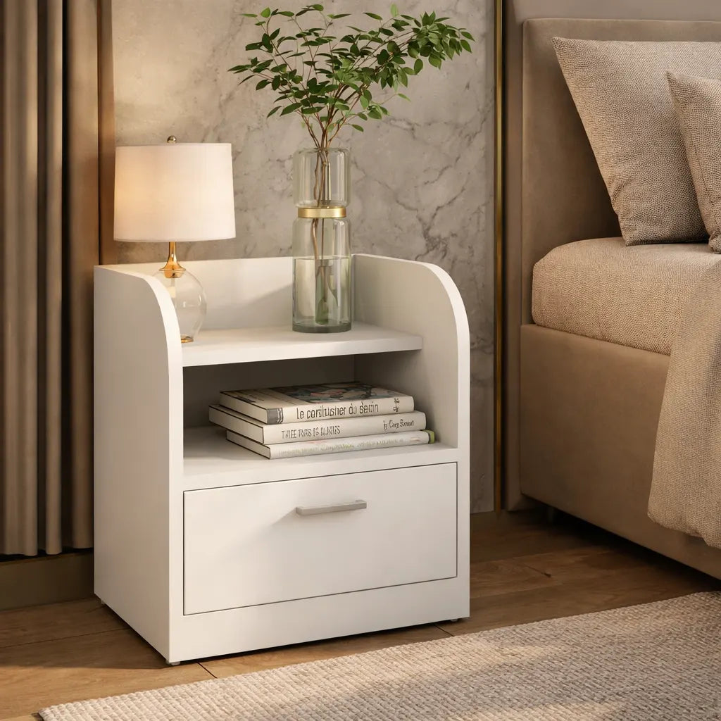 Modern Bedside Table with Drawer & Open Shelf