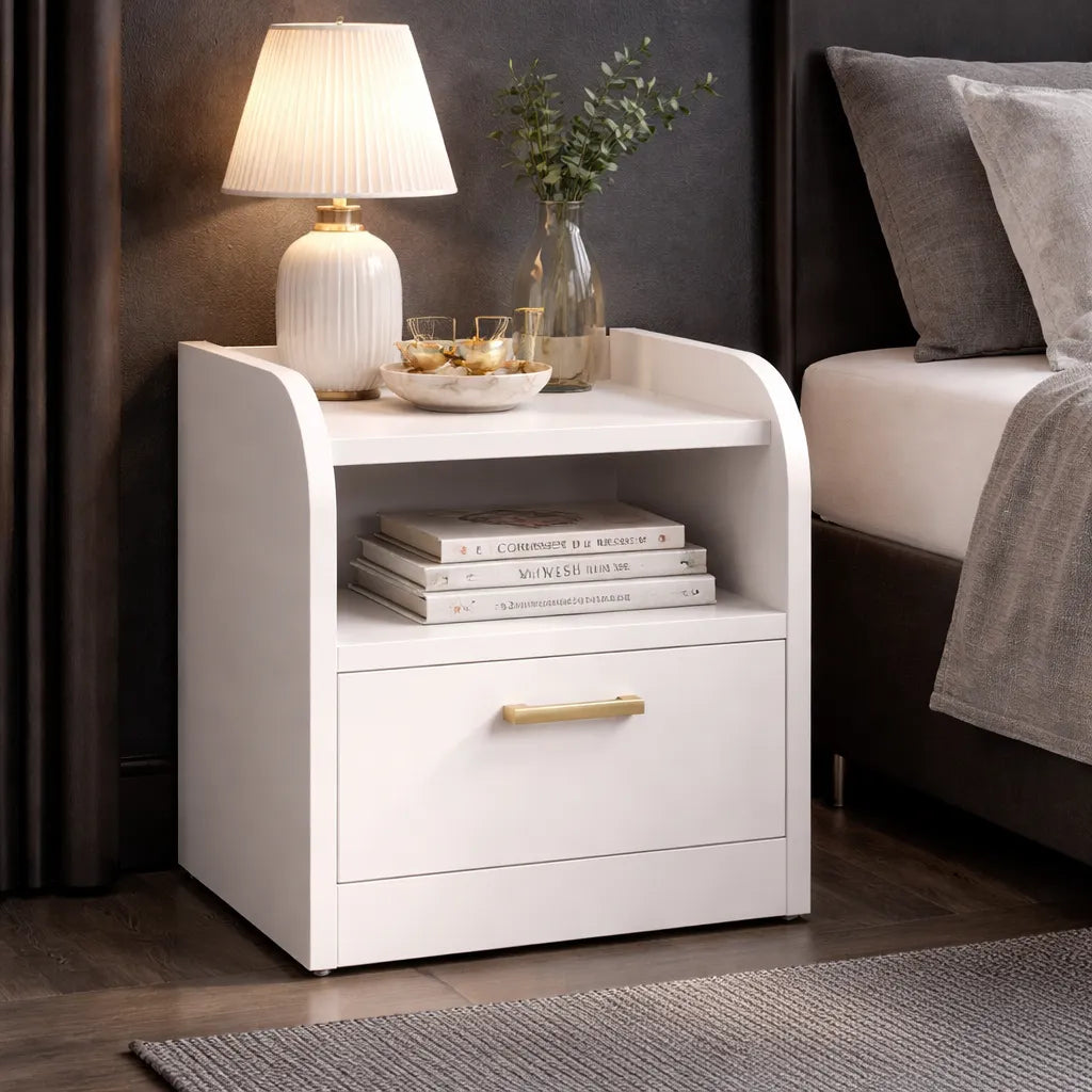 Modern Bedside Table with Drawer & Open Shelf