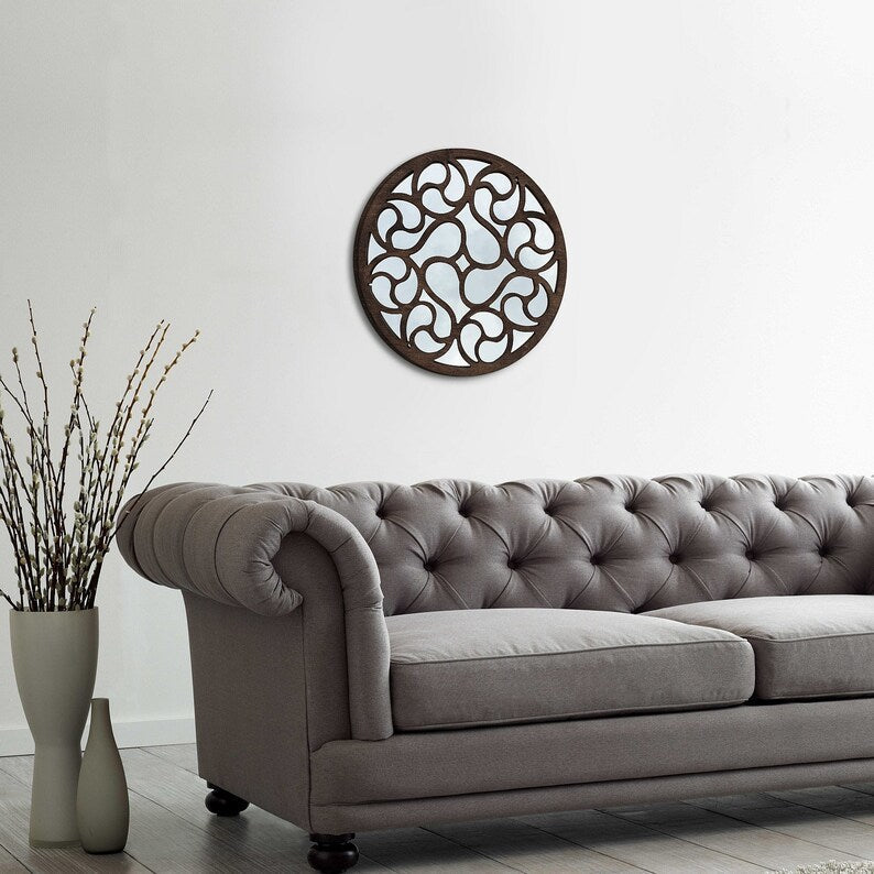Round Decorative Wall Mirror | Artistic Swirl Wooden Frame Mirror