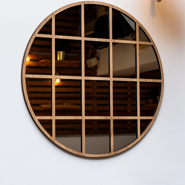 Round Grid Wall Mirror for Home Décor | Modern Wooden Frame Mirror