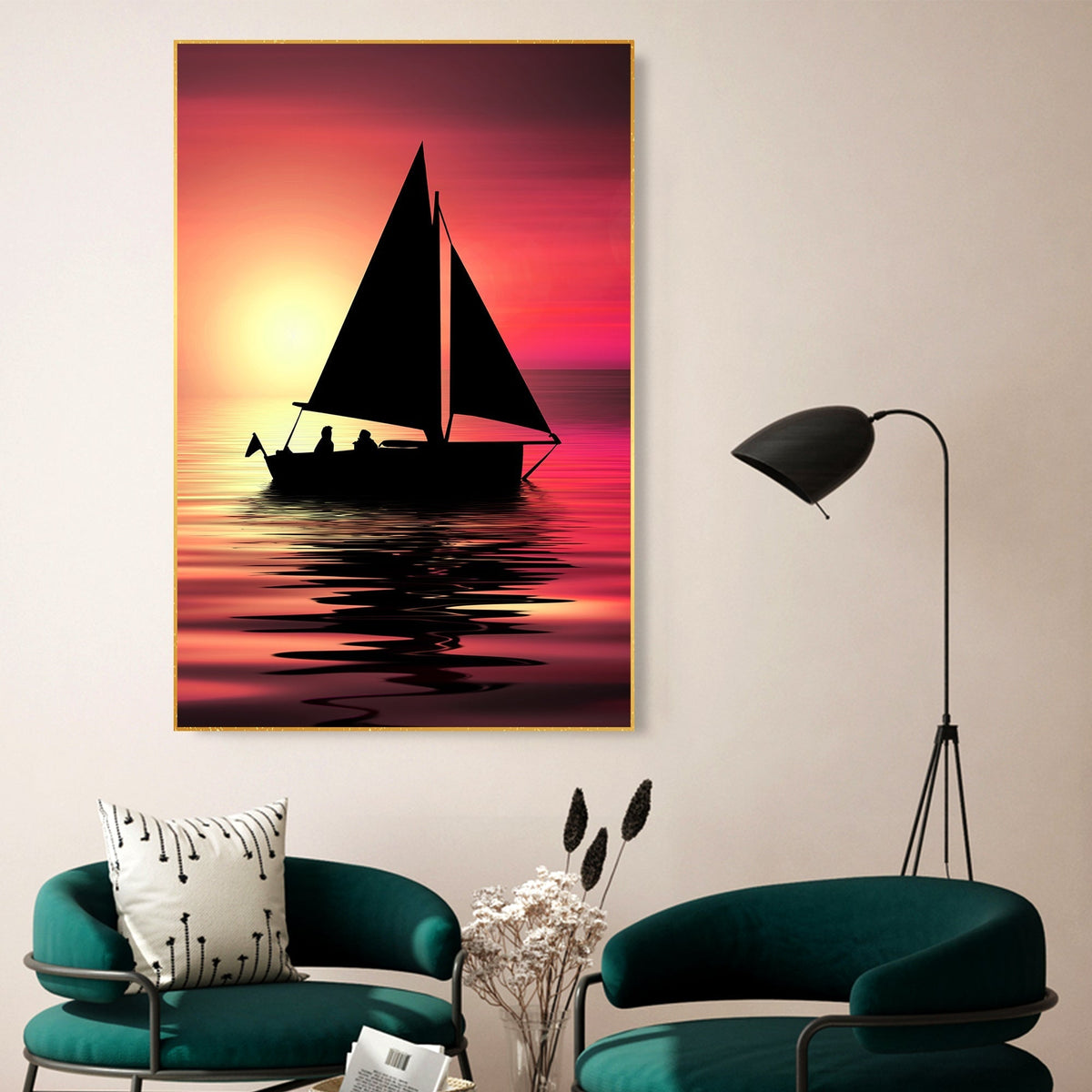 Sunset & Boat Silhouette Floating Canvas Wall Painting