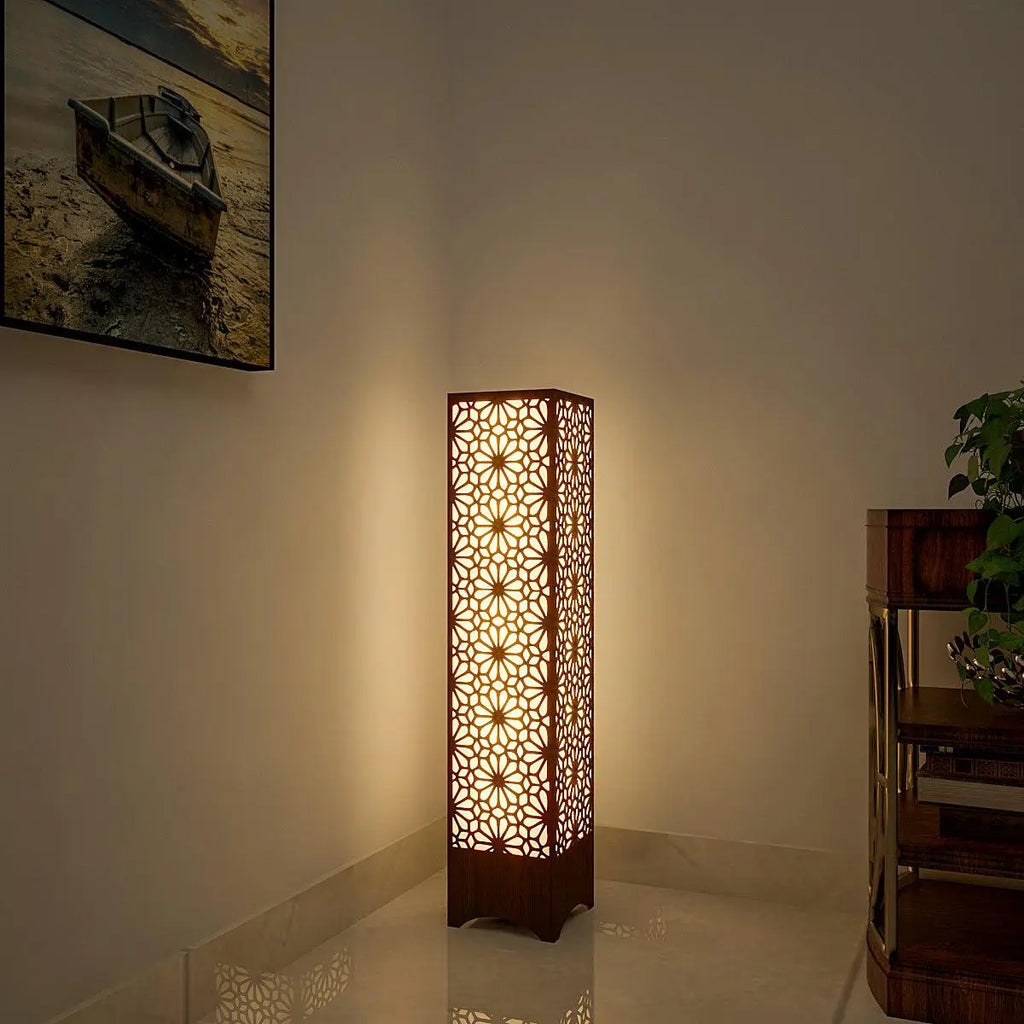 Pillar Shape Floor Lamp With Flower Pattern Design For Living Room, Bedroom