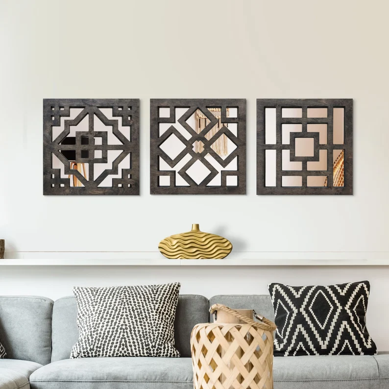 Wooden Geometric Mirror Set | 3-Piece Square Wall Décor