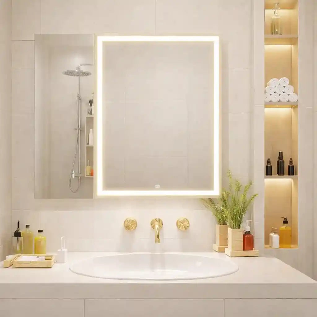 Warm Light Illuminated Vanity Cabinet Dual Mirror Doors