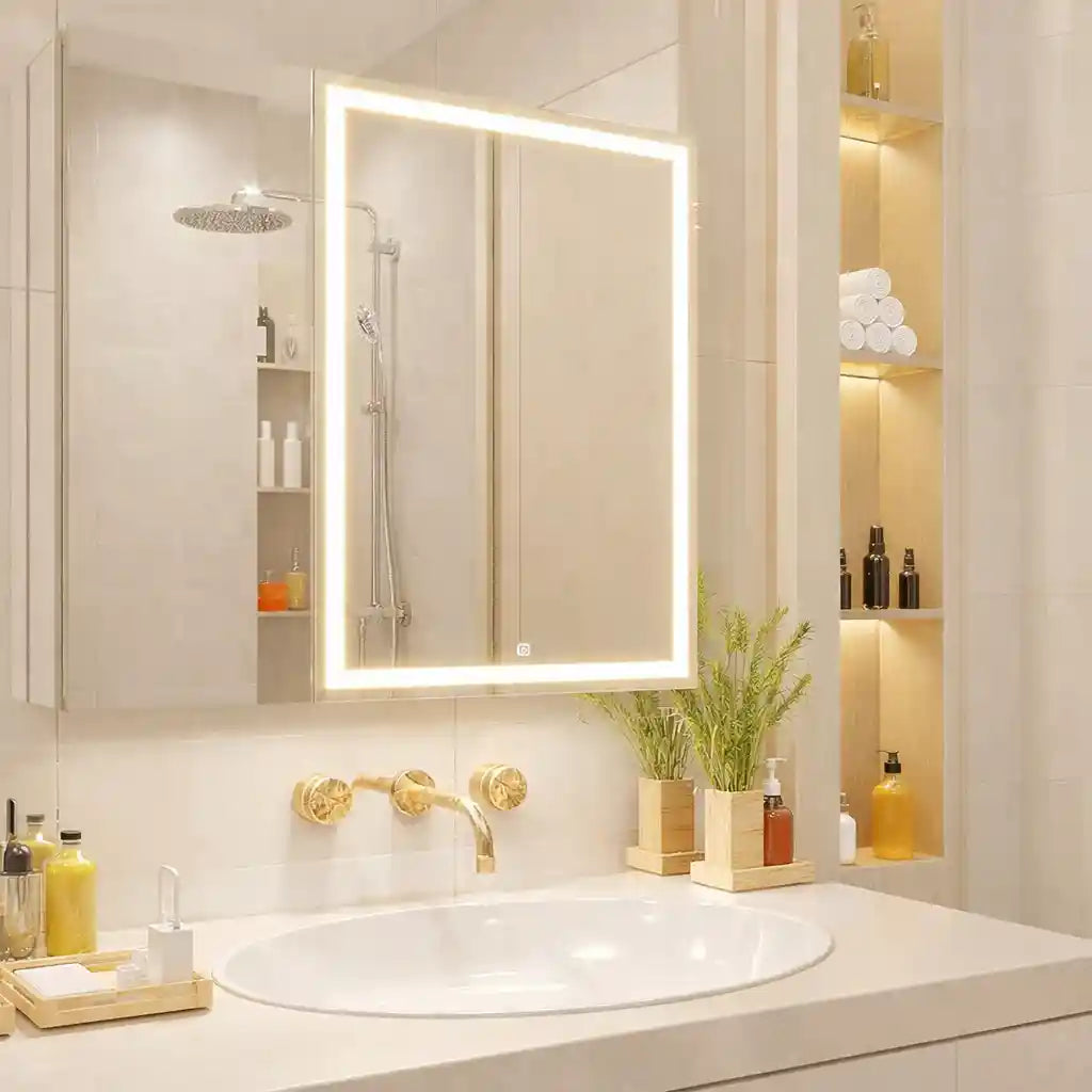 Warm Light Illuminated Vanity Cabinet Dual Mirror Doors