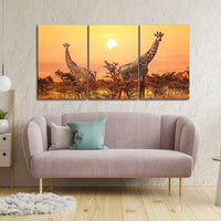A Beautiful 3 Pieces Wall Painting of Giraffes Sunset in Background