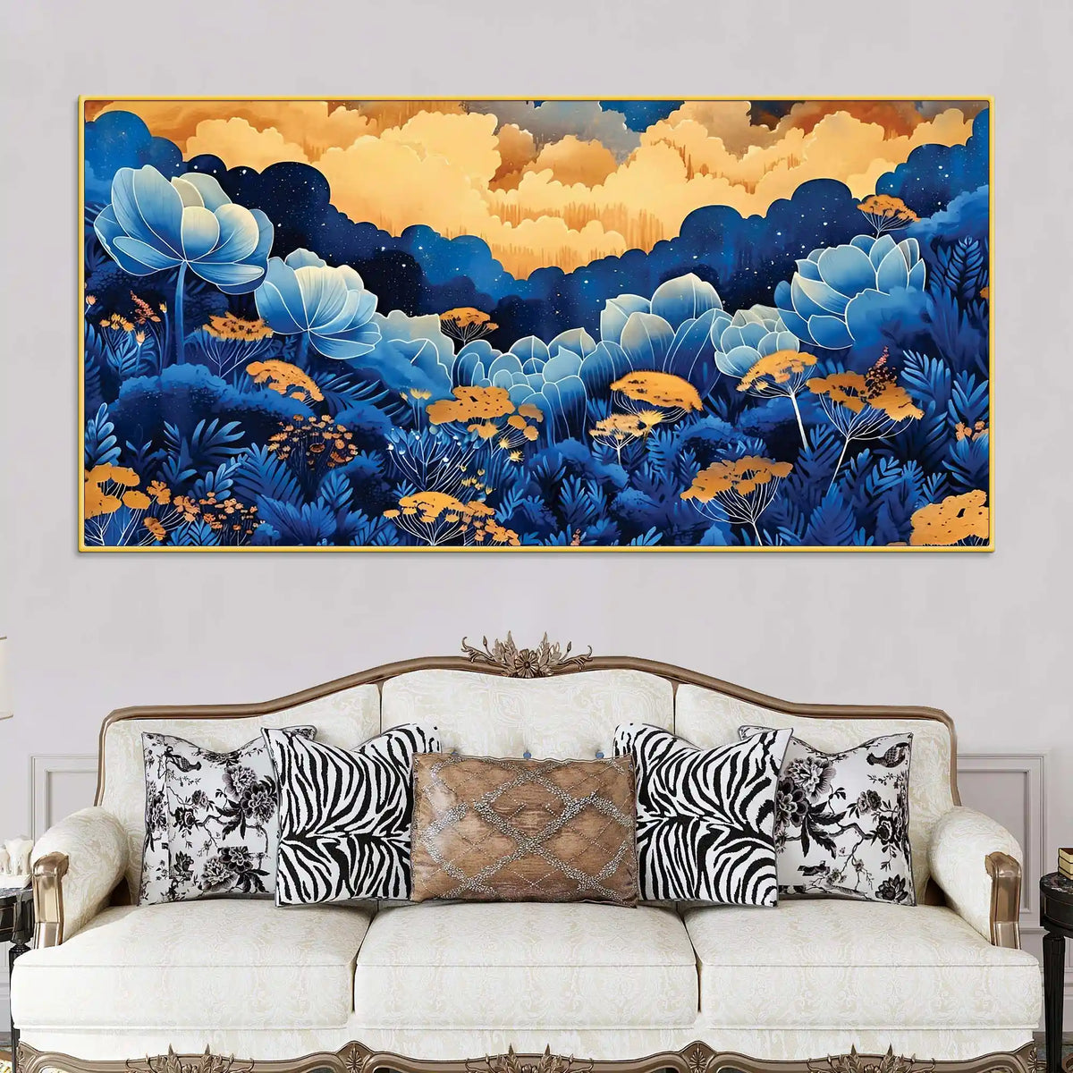 Abstract Blue Floral Canvas Wall Painting for Living Room