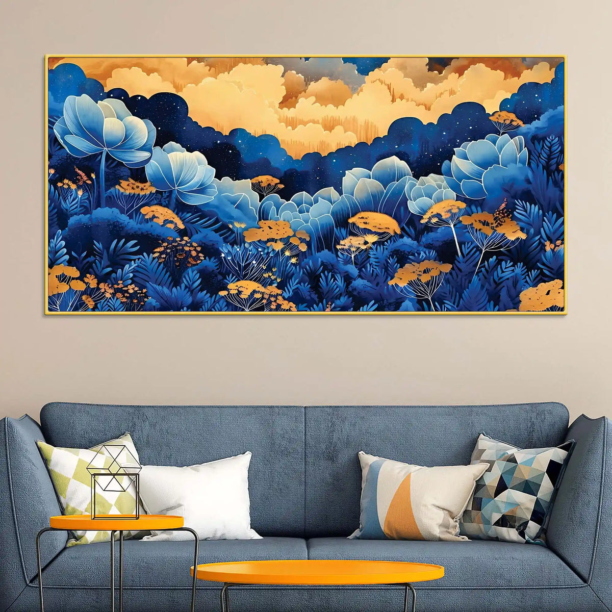 Abstract Blue Floral Canvas Wall Painting for Living Room