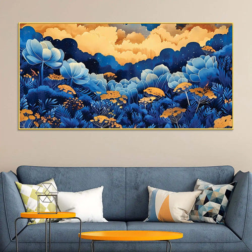 Abstract Blue Floral Canvas Wall Painting for Living Room