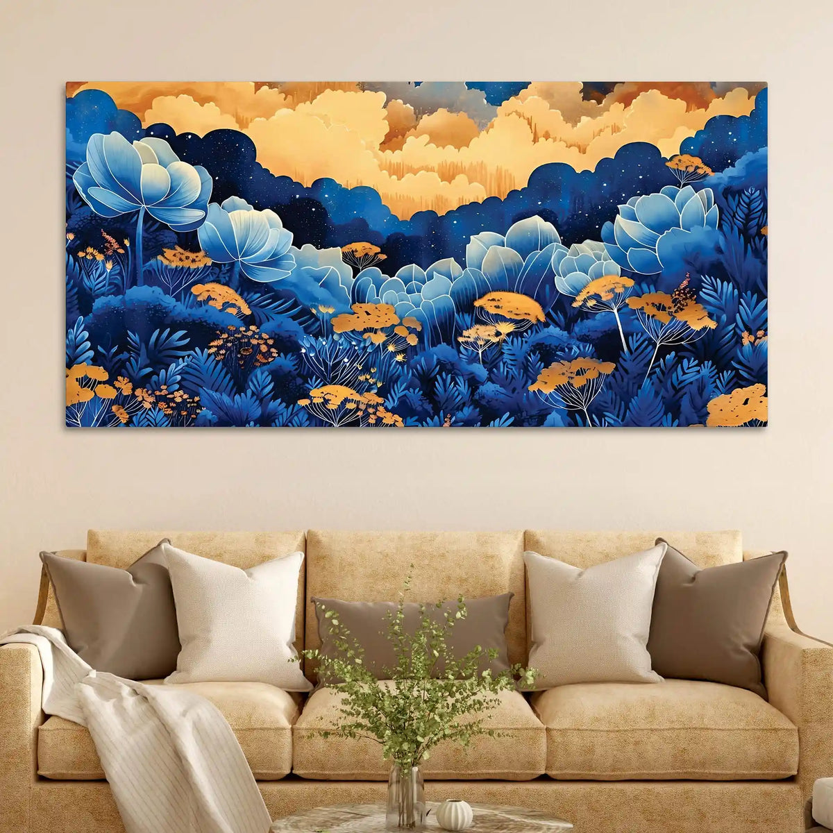 Abstract Blue Floral Canvas Wall Painting for Living Room