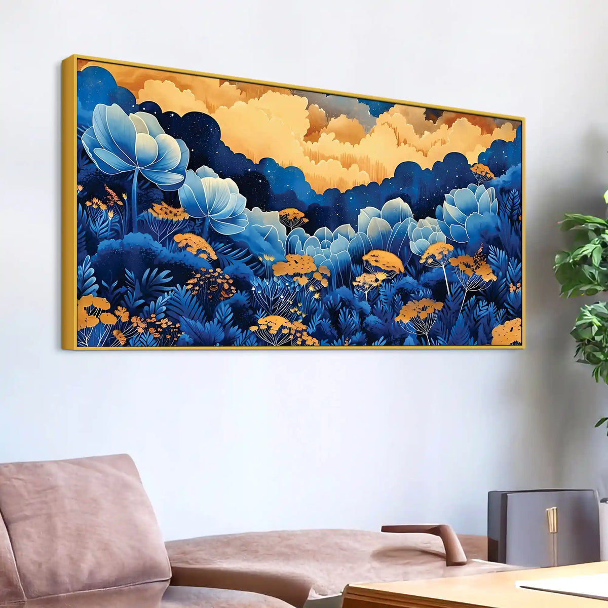 Abstract Blue Floral Canvas Wall Painting for Living Room