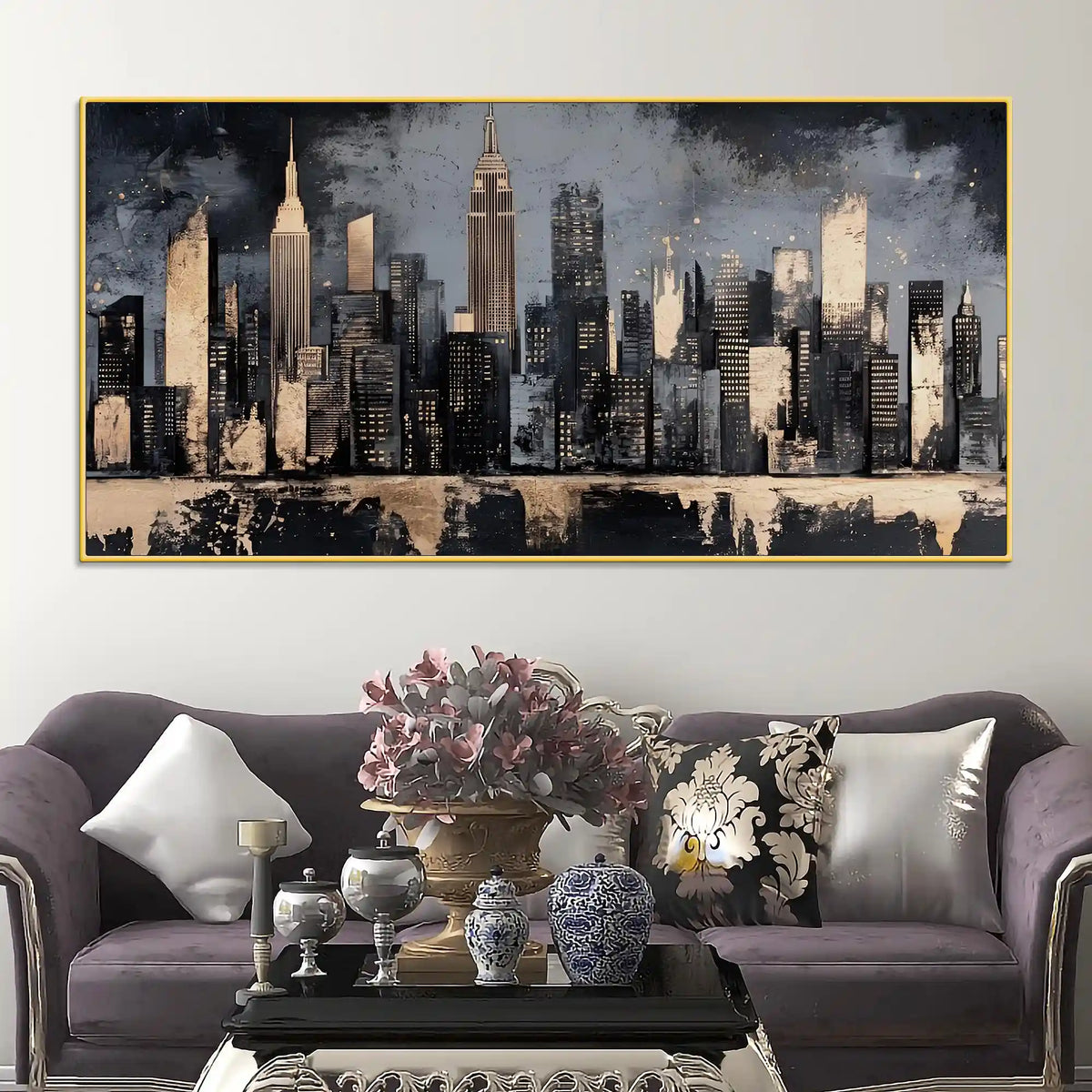 Abstract City Skyline Canvas Painting for Office Home Decor