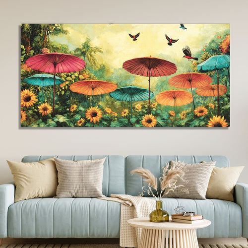 Abstract Colorful Umbrella with Wildflowers Nature Art Canvas Wall Painting