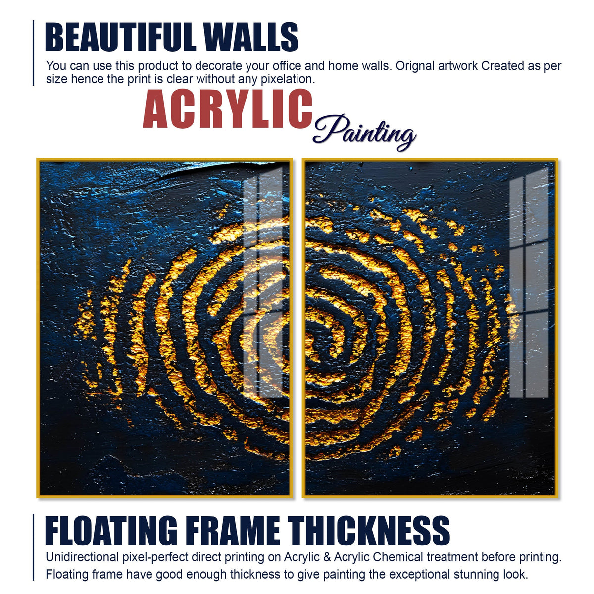 Abstract Dark Blue Background Golden Textured Acrylic Floating Wall Painting Set of 2