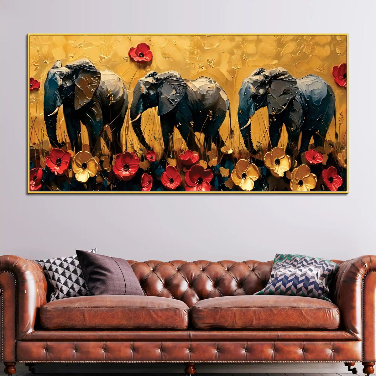 Abstract Elephant Trio and Flowers Artistic Canvas Wall Painting