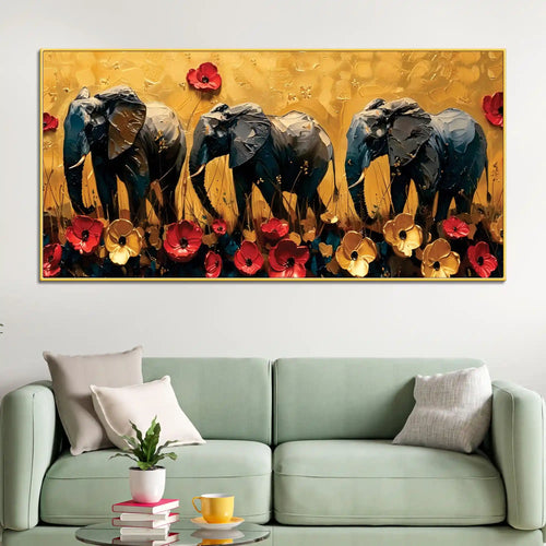 Abstract Elephant Trio and Flowers Artistic Canvas Wall Painting