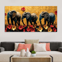Abstract Elephant Trio and Flowers Artistic Canvas Wall Painting