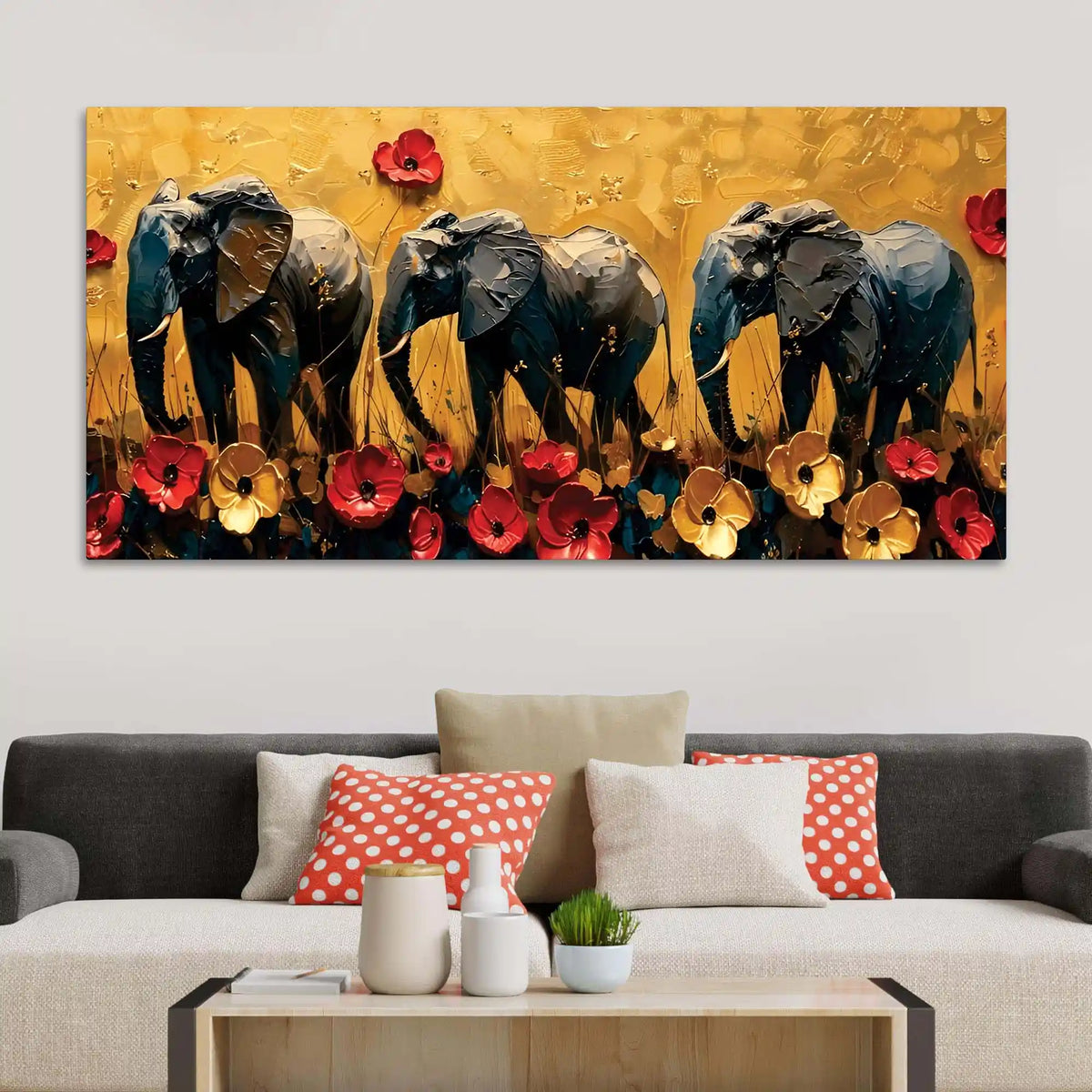 Abstract Elephant Trio and Flowers Artistic Canvas Wall Painting