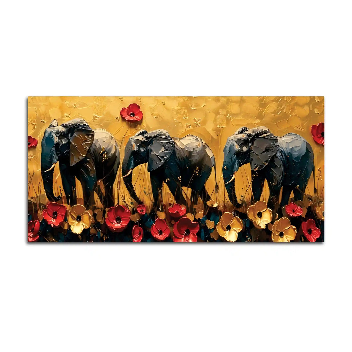 Abstract Elephant Trio and Flowers Artistic Canvas Wall Painting