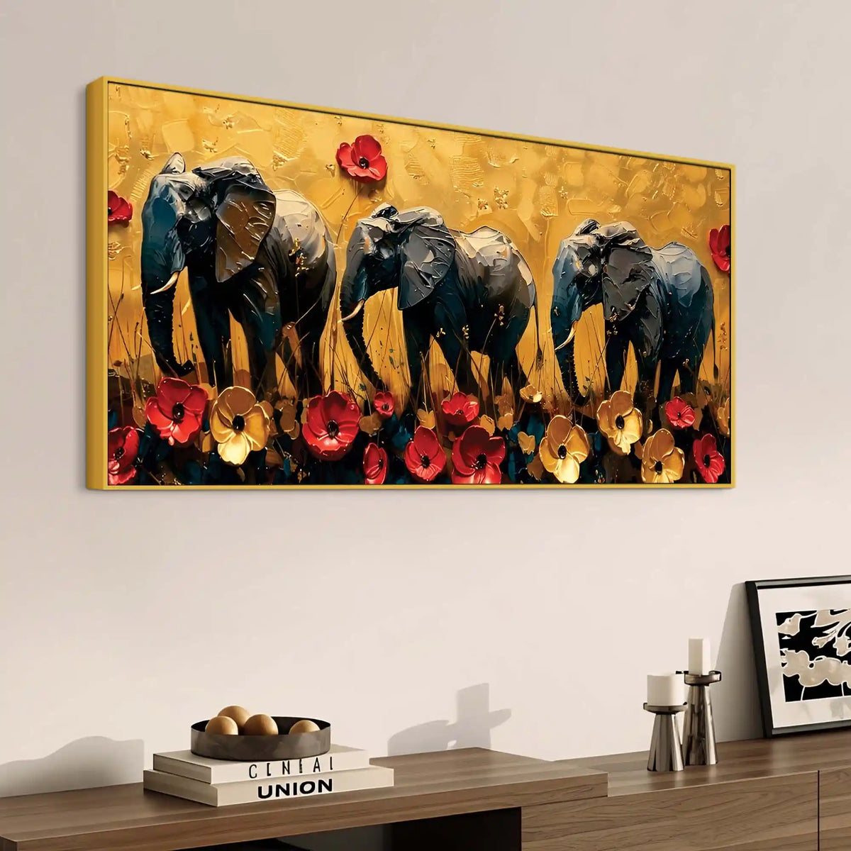 Abstract Elephant Trio and Flowers Artistic Canvas Wall Painting