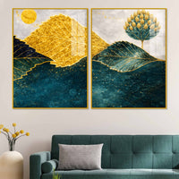 Abstract Golden & Blue Leaves Acrylic Floating Wall Painting Set of 2