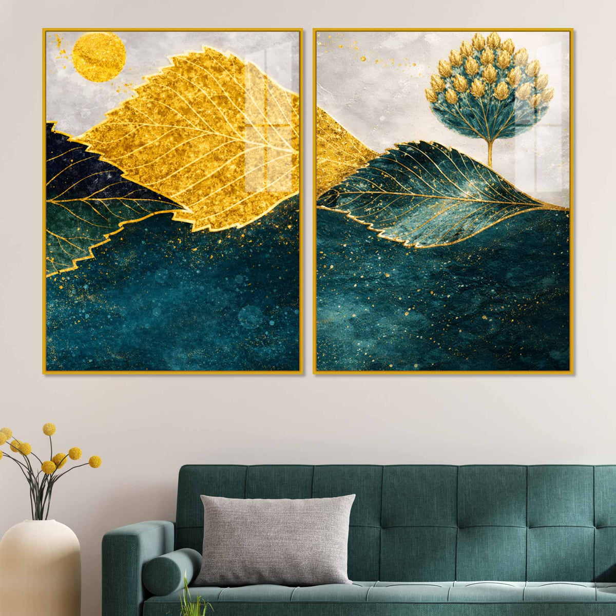 Abstract Golden & Blue Leaves Acrylic Floating Wall Painting Set of 2