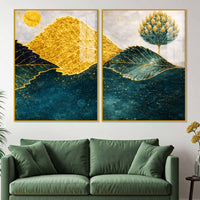 Abstract Golden & Blue Leaves Acrylic Floating Wall Painting Set of 2