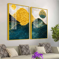 Abstract Golden & Blue Leaves Acrylic Floating Wall Painting Set of 2