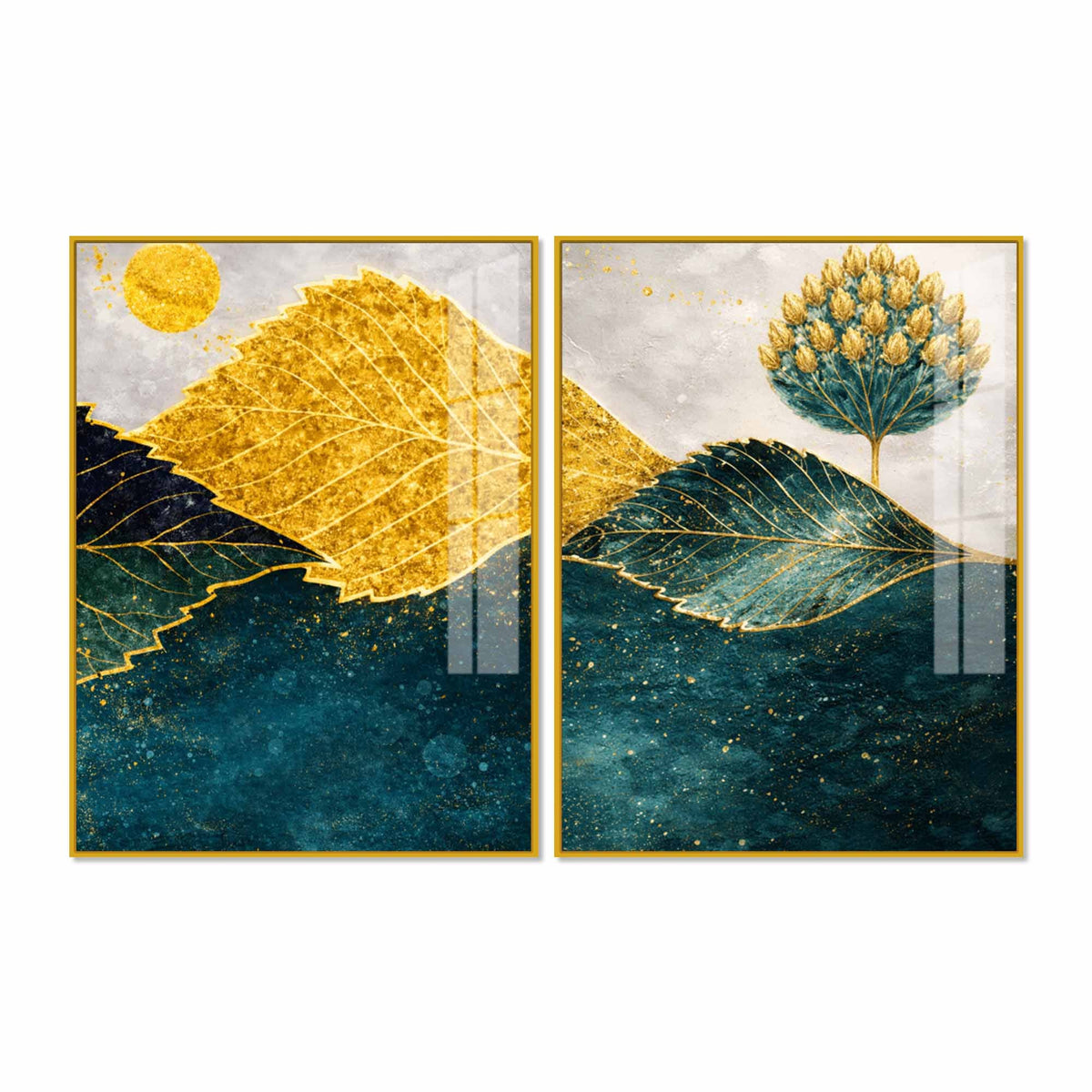 Abstract Golden & Blue Leaves Acrylic Floating Wall Painting Set of 2