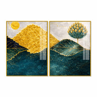 Abstract Golden & Blue Leaves Acrylic Floating Wall Painting Set of 2