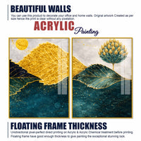 Abstract Golden & Blue Leaves Acrylic Floating Wall Painting Set of 2
