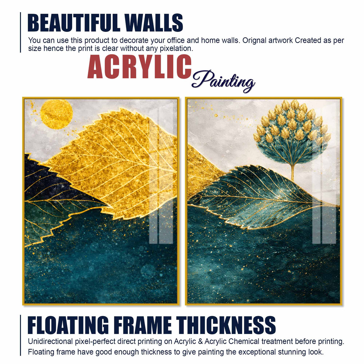 Abstract Golden & Blue Leaves Acrylic Floating Wall Painting Set of 2