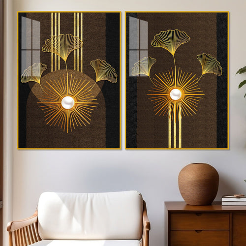 Abstract Golden Ginkgo Leaf Acrylic Art Floating Wall Painting Set of 2