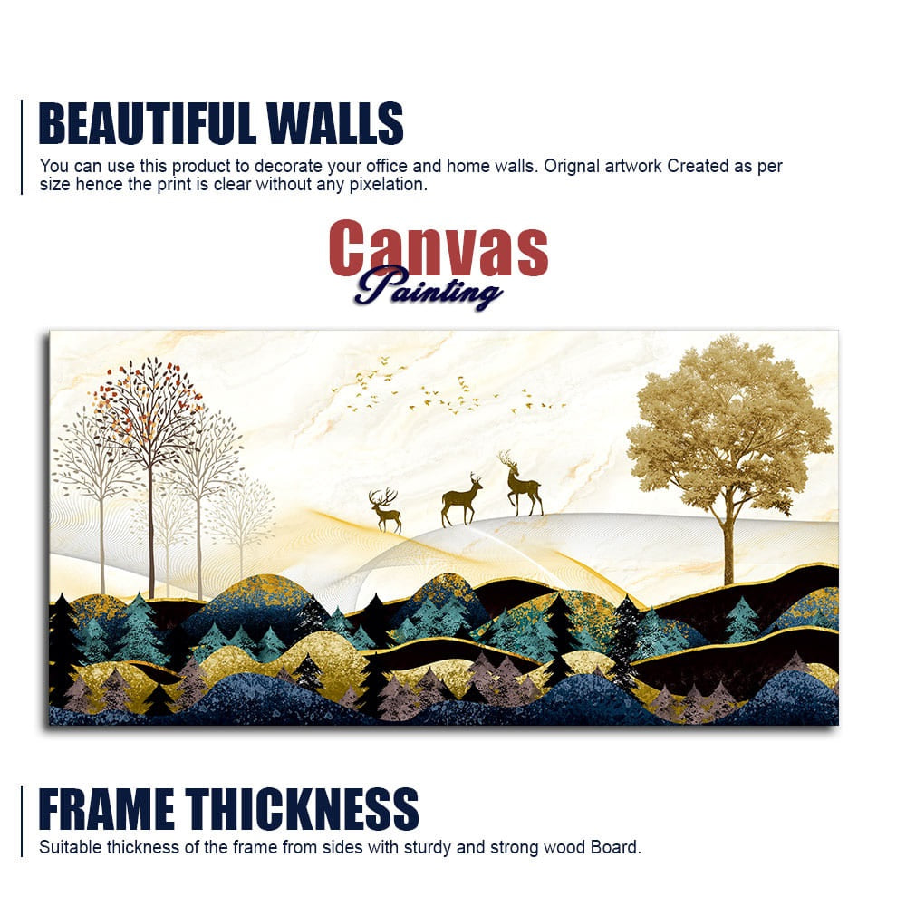 Abstract Golden Landscape Trees with Golden Deer Canvas Wall Painting