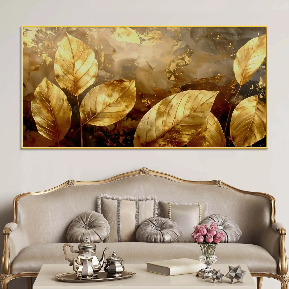 Abstract Golden Leaves Canvas Painting for Living Area