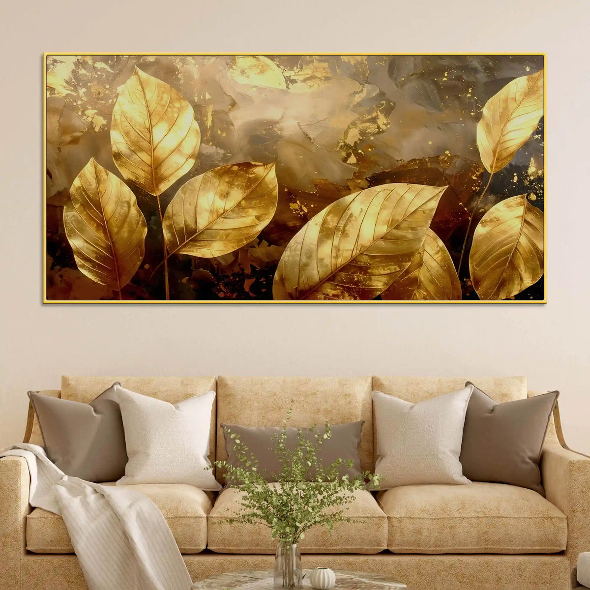 Abstract Golden Leaves Canvas Painting for Living Area