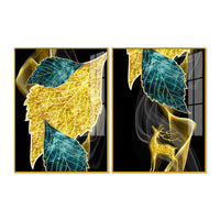 Abstract Golden Leaves Feathers Acrylic Floating Wall Painting Set Of 2
